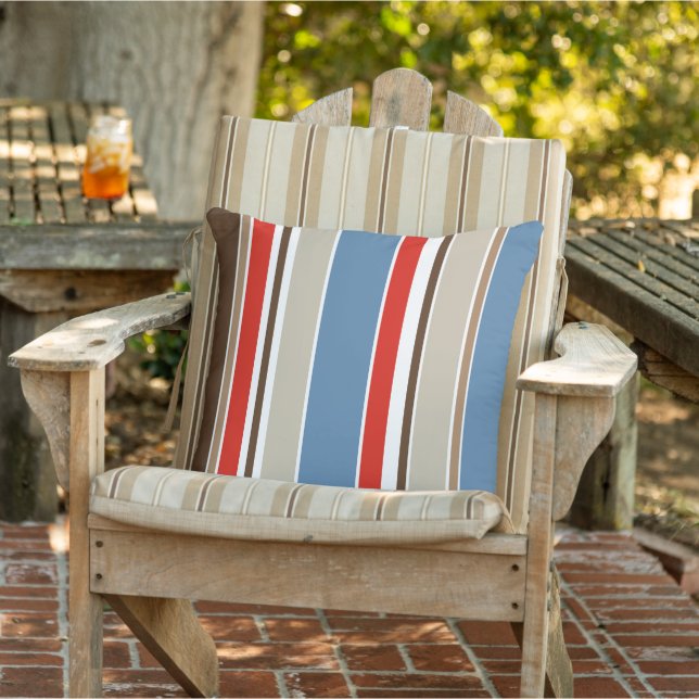 Coussin Bleu Nautique Taupe Brun Rouge Rayures Blanches (Chaise)