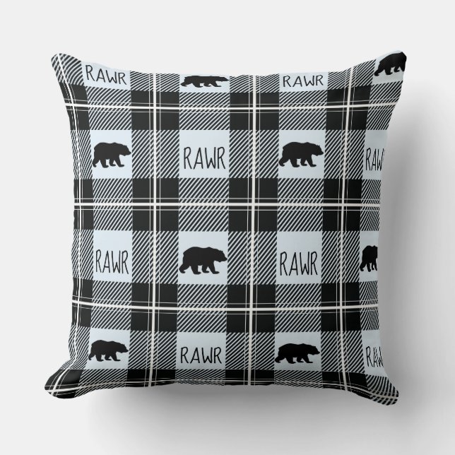 Coussin Bleu noir et blanc mignon ours et flanelle de Rawe (Recto)