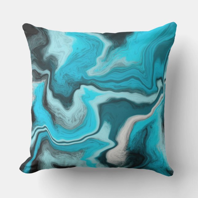 Coussin Bleu, noir et Marbre blanc Fluid Art (Recto)