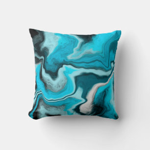 Coussin Bleu, noir et Marbre blanc Fluid Art