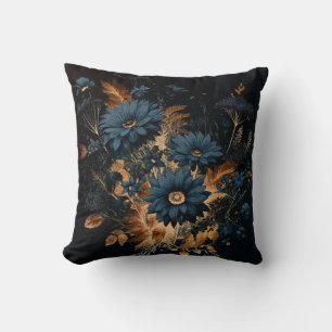 Coussin Bleu Nuit Foncé & Or Rustique Floral Glam Bohème 