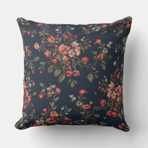 Coussin Bleu Nuit Foncé Rouge Sauge Floral Cottage