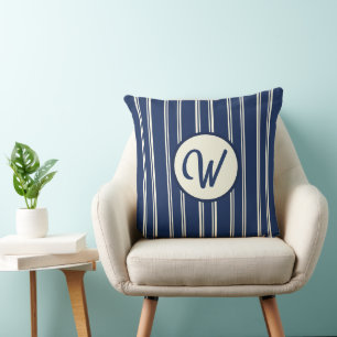 Coussin Bleu Nuit Ivoire Chaud Élégantes Rayures Classique