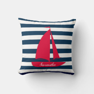 Coussin Bleu Nuit Marin Rayé Blanc Monogramme Bateau Rouge