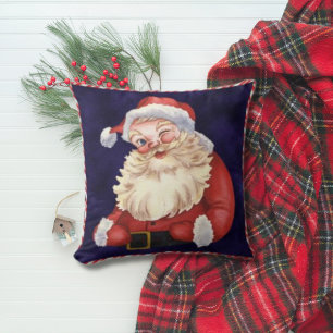 Coussin Bleu Nuit Velours Père Noël Vintage Noël