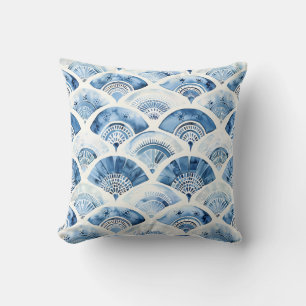 Coussin Bleu Océan Aquarelle Géométrique Dégradé Art Déco