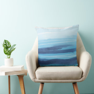 Coussin Bleu Océan Aquarelle Mer Abstraite Monogramme