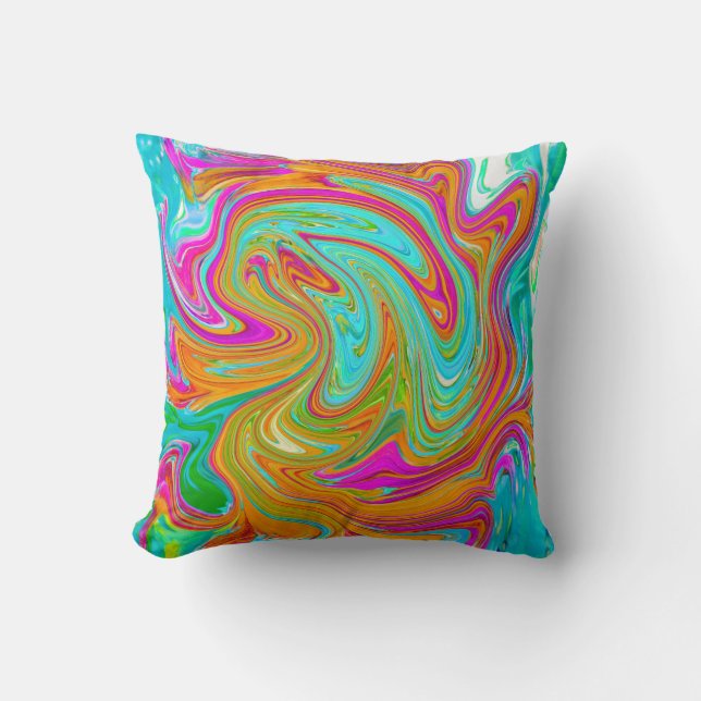 Coussin Bleu, Orange et Rose Chaud Abstrait Rétro Groovy (Recto)