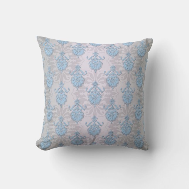 Coussin Bleu pâle et blanc argenté Damassé (Recto)