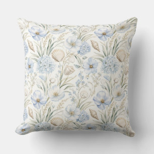 COUSSIN BLEU PASTEL ET COQUILLAGES ET FLEURS BEIGE