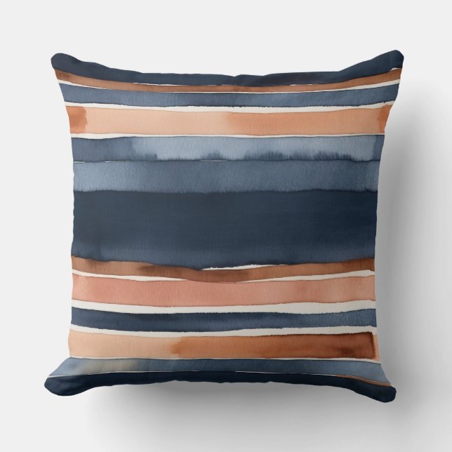 Coussin Bleu pêche et chocolat rayures d'aquarelle (Recto)