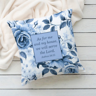 Coussin Bleu Poussiéreux Blanc Floral Verset Biblique Chré
