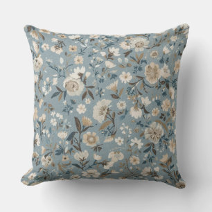 Coussin Bleu Poussiéreux Marron Crème Floral Cottage