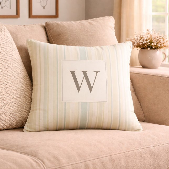 Coussin Bleu Poussiéreux Neutre Initial Rayure Rustique Ma (Créateur téléchargé)