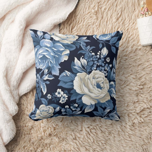 Coussin Bleu Poussiéreux Roses Blanches Hiver Navy (Couverture)