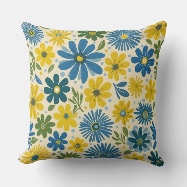 Coussin Bleu rétro et marguerite jaune (Recto)