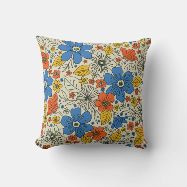 Coussin Bleu rétro, Jaune & Orange Floral (Recto)