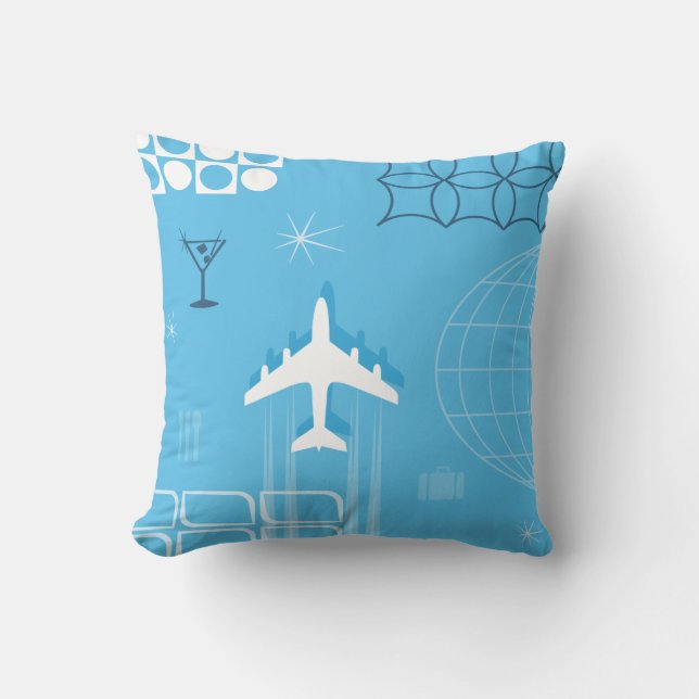 Coussin Bleu Rétro Style Mi-Siècle Jet-Age (Recto)