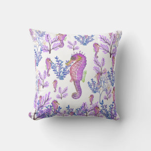 Coussin Bleu rose Purple Hippocampe Corail Plage Côtière