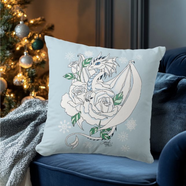 Coussin Bleu Roses de dragon blanc (Créateur téléchargé)