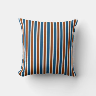 Coussin bleu royal, brun rouille et bandes verticales blan