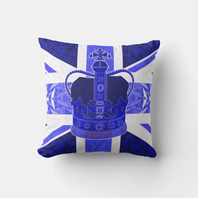 Coussin Bleu royal, drapeau britannique et couronne - (Recto)