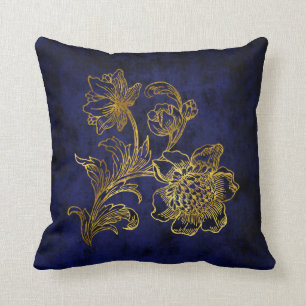 Coussin Bleu royal et carreau floral d'or
