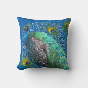 Coussin Bleu royal moderne de plumes de queue de paon de