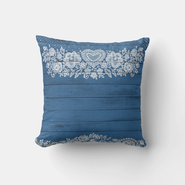 Coussin Bleu Rustique Bois & Blanc Dentelle Élégant Farmho (Recto)