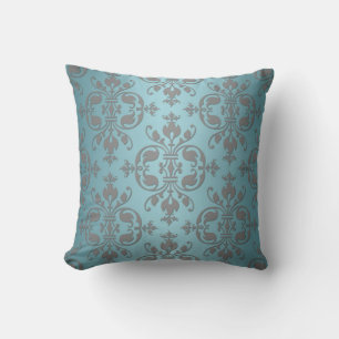 Coussin Bleu sarcelle fantaisie et damas gris