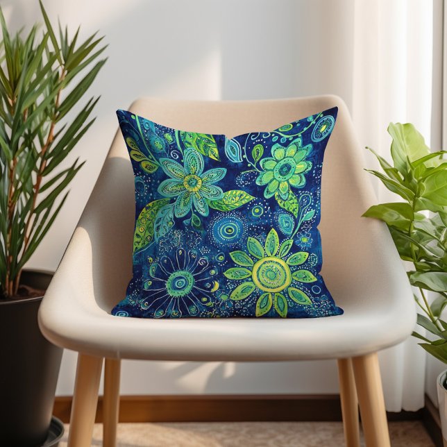 Coussin Bleu sarcelle vert citron floral bohème (Blue Teal Lime Green Bohemian Floral Throw Pillow)