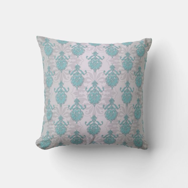 Coussin Bleu sarcelle, vert et blanc argenté damassé (Recto)