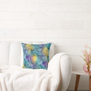 Coussin Bleu sarcelle, violet et jaune doux Marbre à l'aqu