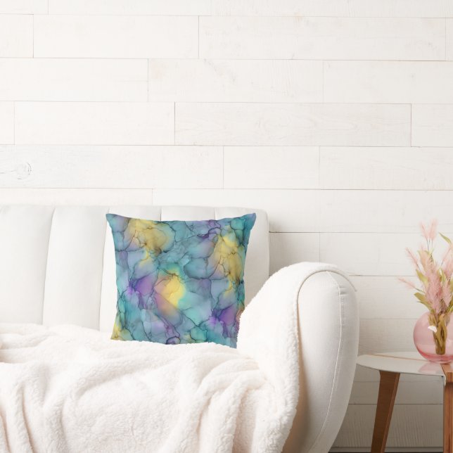 Coussin Bleu sarcelle, violet et jaune doux Marbre à l'aqu (Canapé)