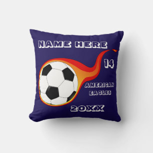Coussin bleu Soccer personnalisé avec le nom du jo