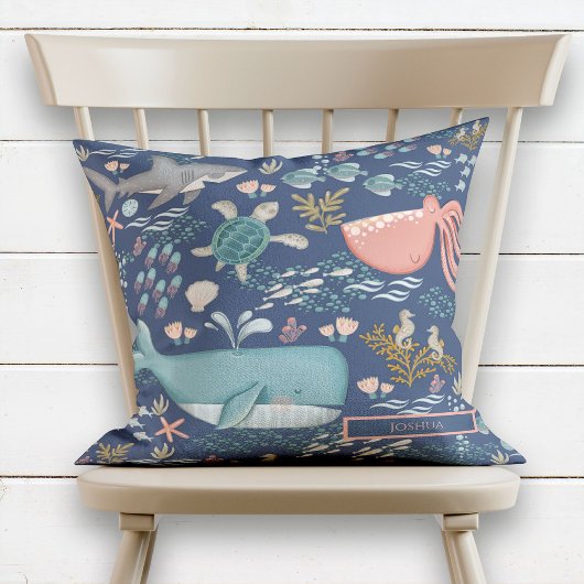 Coussin Bleu sous le nom de mer Aquarelle Océan Animaux