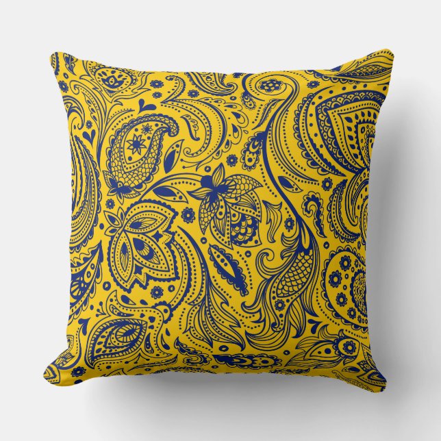 Coussin Bleu Sur Paisson Vintage Jaune (Recto)