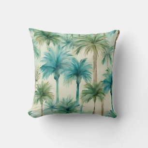 Coussin Bleu Turquoise Beige Aquarelle Palmiers Tropical