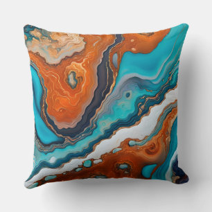 Coussin bleu turquoise, rouille et or peinture abstrait