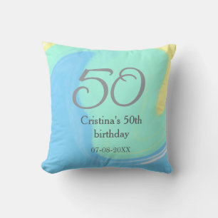 Coussin bleu vert gris 50e anniversaire ajouter nom date r