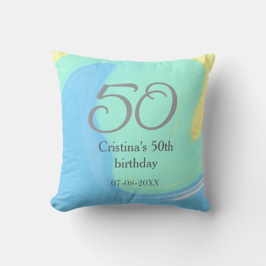 Coussin bleu vert gris 50e anniversaire ajouter nom date r (Recto)