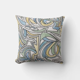 Coussin Bleu Vert Jaune Treillis-Peint à la Main Abstrait 