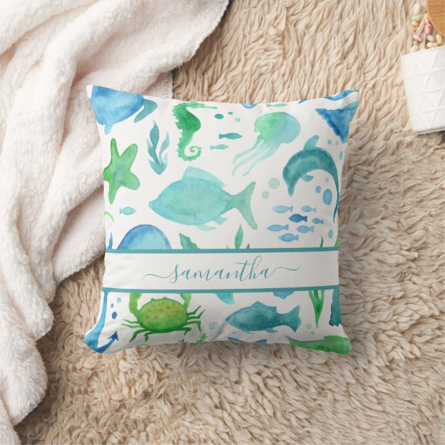 Coussin Bleu vert mer océan poissons dauphins élégant nom (Couverture)