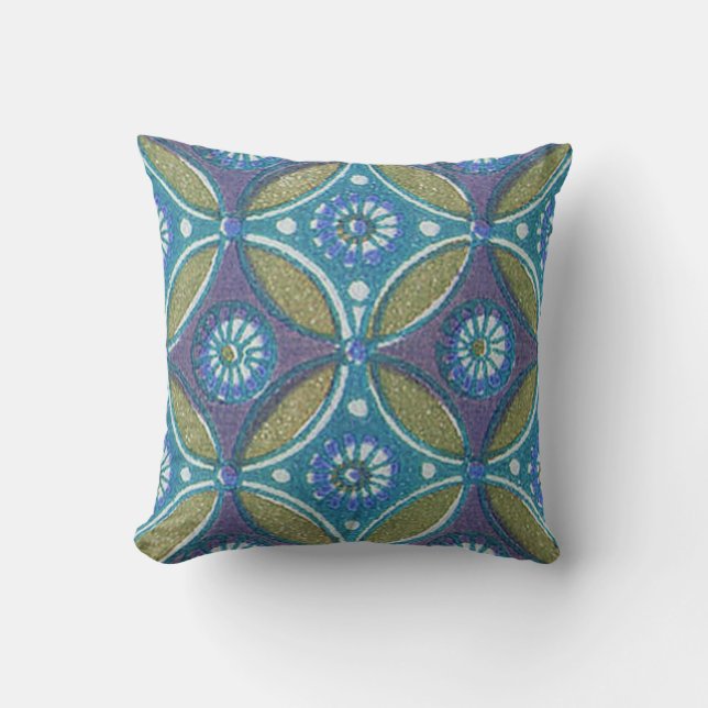 Coussin Bleu vert Rustique Boho Motif circulaire géométriq (Recto)