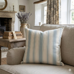 Coussin Bleu vintage et rayures crème, style campagne fran