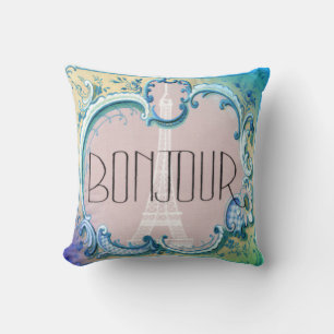 Coussin Bleus français vintages de Tour Eiffel de Bonjour