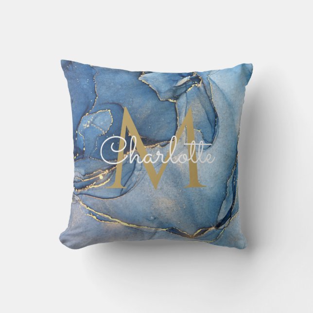 Coussin Blue Agate Geode Gold Monogramme moderne Script (Recto)