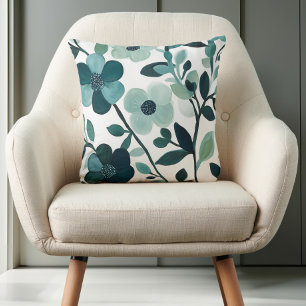 Coussin Blue Aqua Floral Vines sur blanc Elégant design