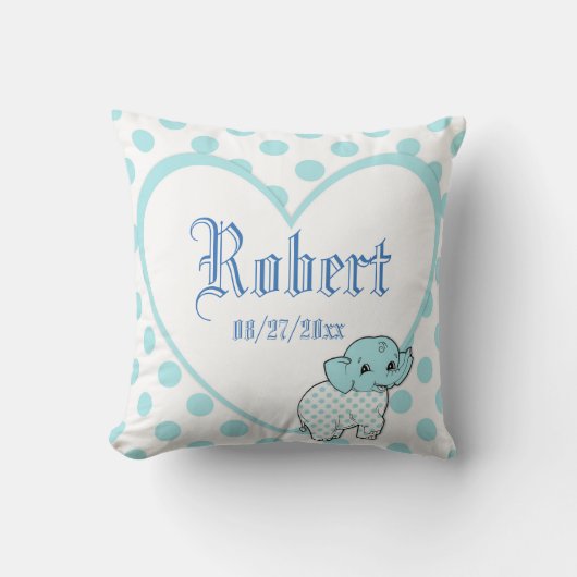 Coussin Blue Baby Boy Elephant Heart and Polka Dots (Recto)
