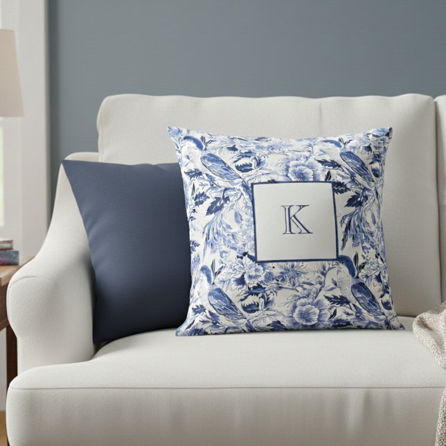 Coussin Blue Bird Chinoiserie Monogram  (Créateur téléchargé)